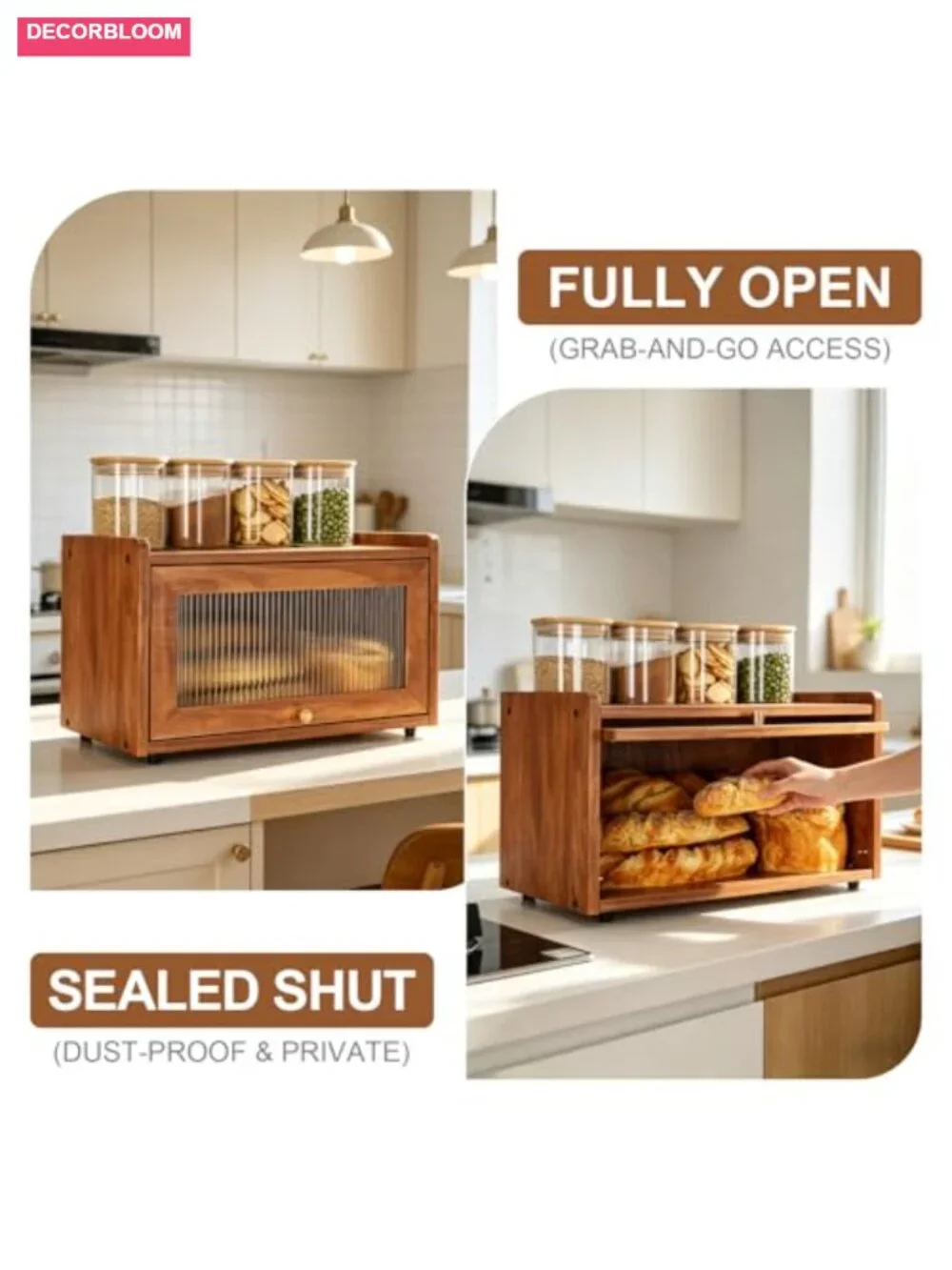 Wooden Bread Box for Kitchen Countertop with Acrylic Door, Flat Top Storage,